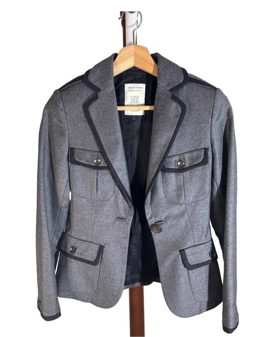 rag & bone Gray Contrast-Trim Wool Blazer | Size 0